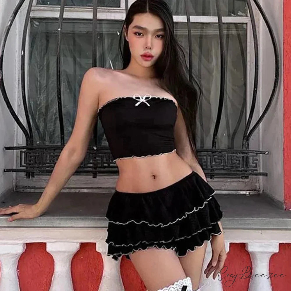 Black Bow Crop Top Graceful Ruffled Mini Skirt Set Black / L