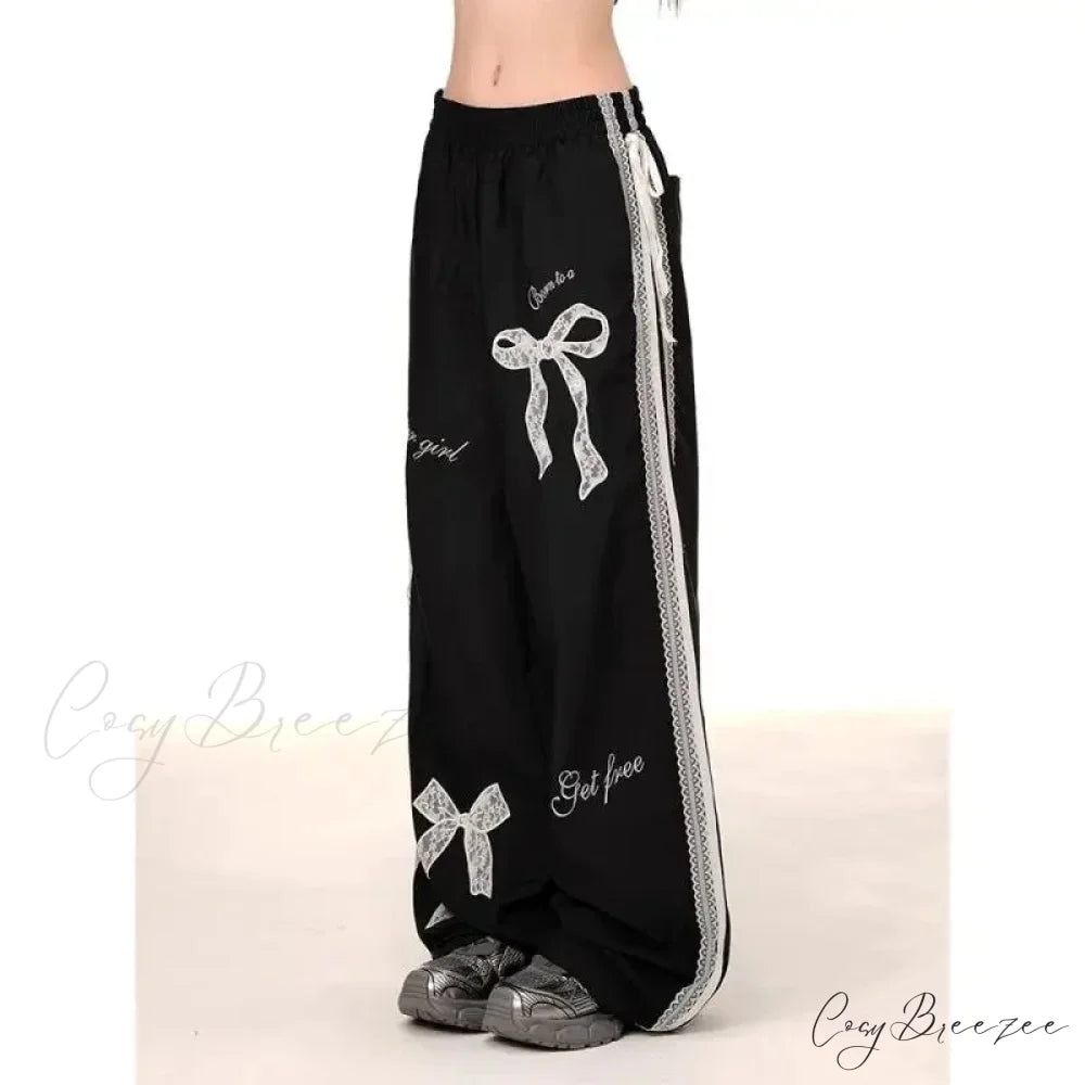 Black Bow Lace Y2K Women Vintage Pants pants-241228