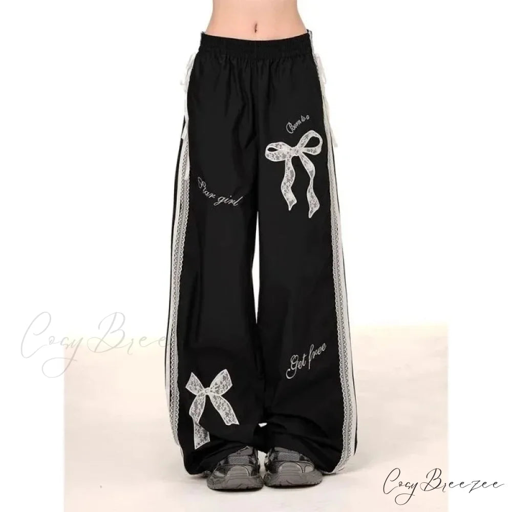 Black Bow Lace Y2K Women Vintage Pants pants-241228