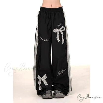 Black Bow Lace Y2K Women Vintage Pants pants-241228