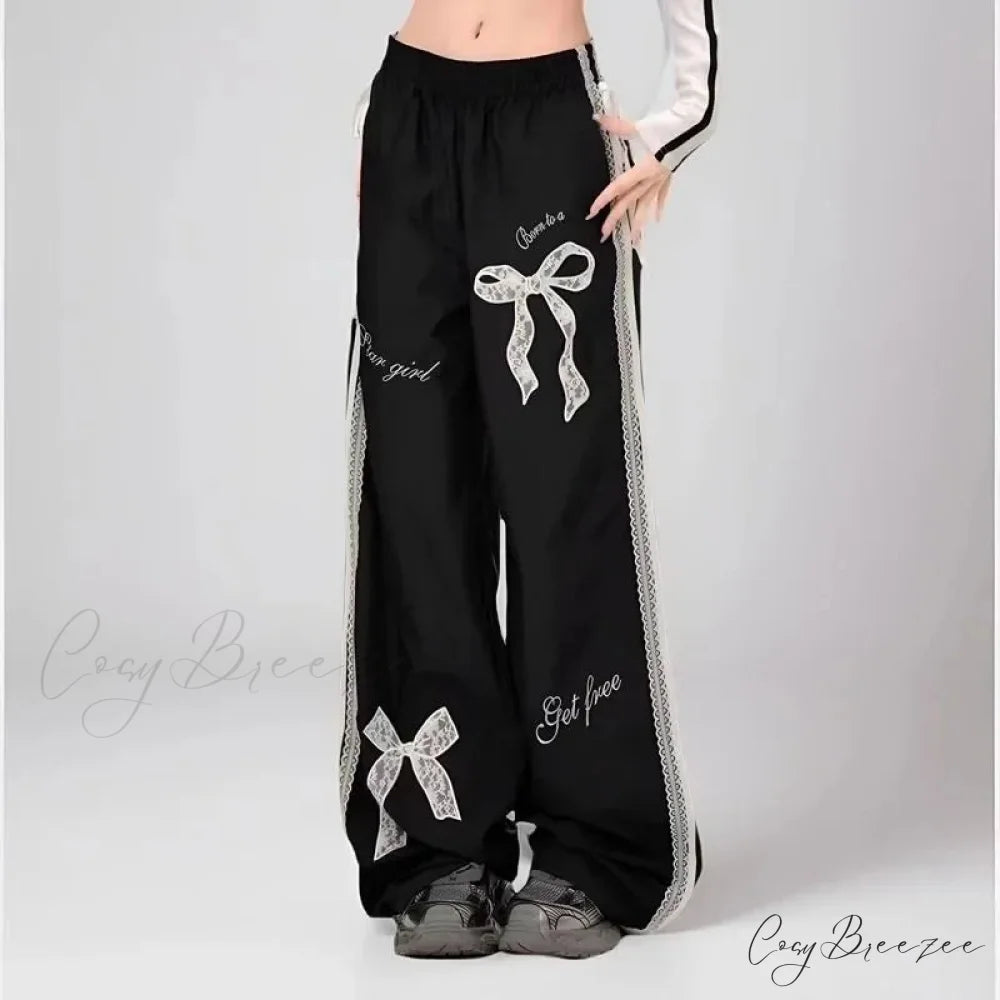Black Bow Lace Y2K Women Vintage Pants pants-241228