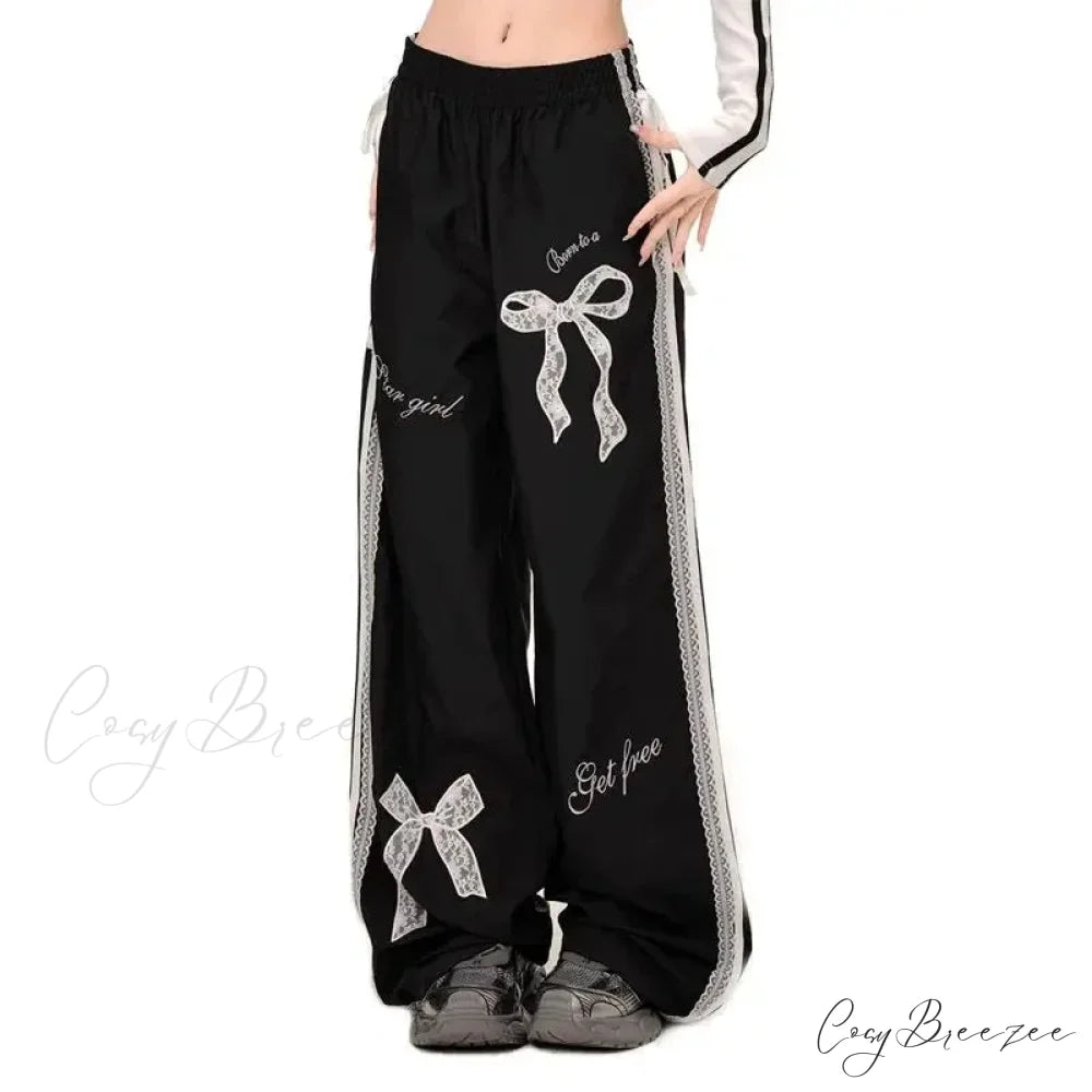 Black Bow Lace Y2K Women Vintage Pants Black / S pants-241228
