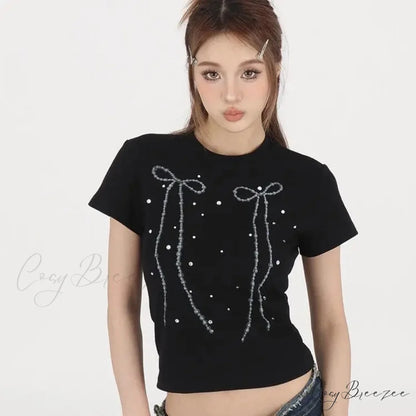 Black Bow Stylish Print Tee Black / S
