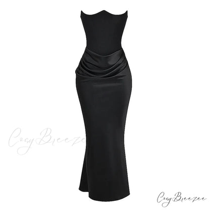 Black Corset Tube Charming Satin Maxi Dress Black / S
