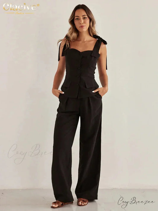 Black Cotton Fitted Sleeveless Work Set Black / S officetwopieceset-250223