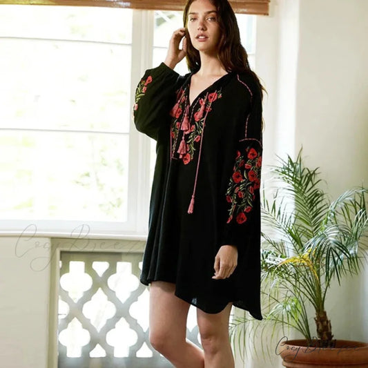 Black Cotton Rayon Floral Embroidery Beach Dress Black / S bohodress-250126