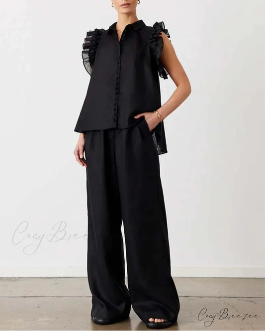 Black Cotton Ruffled Simple Trousers Office Set Black / S officetwopieceset-250223