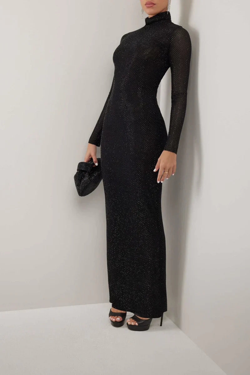 BLACK CRYSTAL EMBELLISHED MESH Graceful TURTLENECK LINED MAXI DRESS