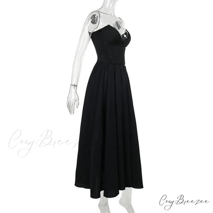 Black Deep Neck Charming Strapless Frill Midi Dress