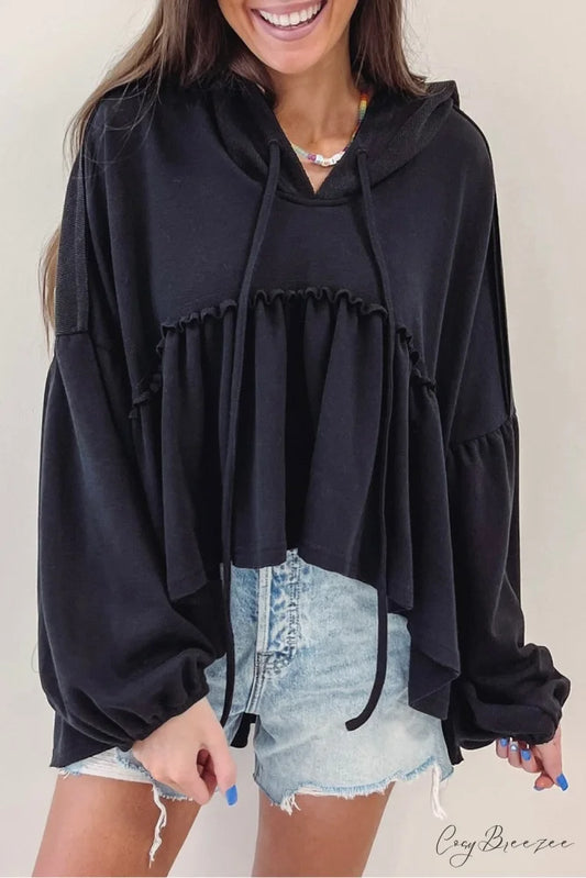 Black Drop Ruffled Oversized High Low Hem Shoulder Hoodie Black / S / 63% Polyester + 37% Cotton