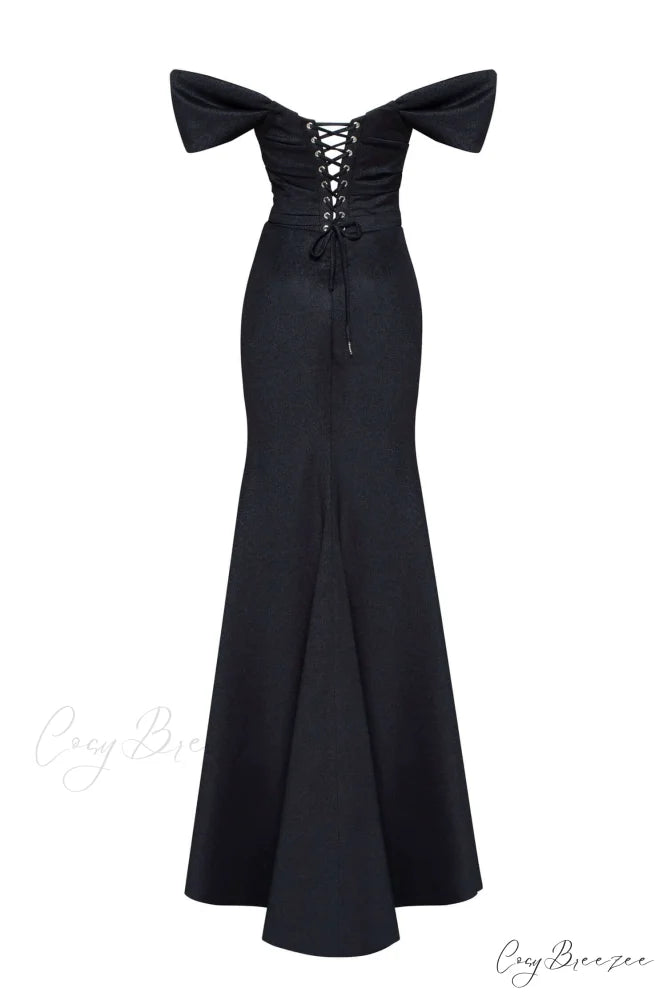 Black Epic Off-The-Shoulder Charming Thigh Slit Maxi Dress