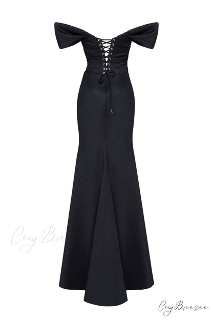 Black Epic Off-The-Shoulder Charming Thigh Slit Maxi Dress
