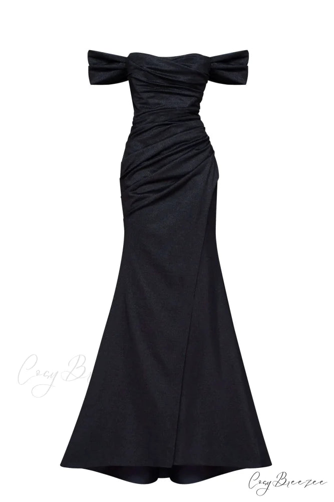 Black Epic Off-The-Shoulder Charming Thigh Slit Maxi Dress XXS / Black