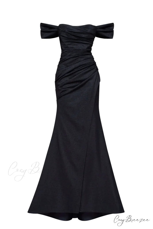 Black Epic Off-The-Shoulder Charming Thigh Slit Maxi Dress XXS / Black