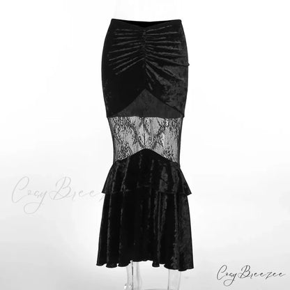 Black Fairy Grunge Women Gothic Velvet Lace Stitching Fall Sexy Fishtail Skirt Black / S