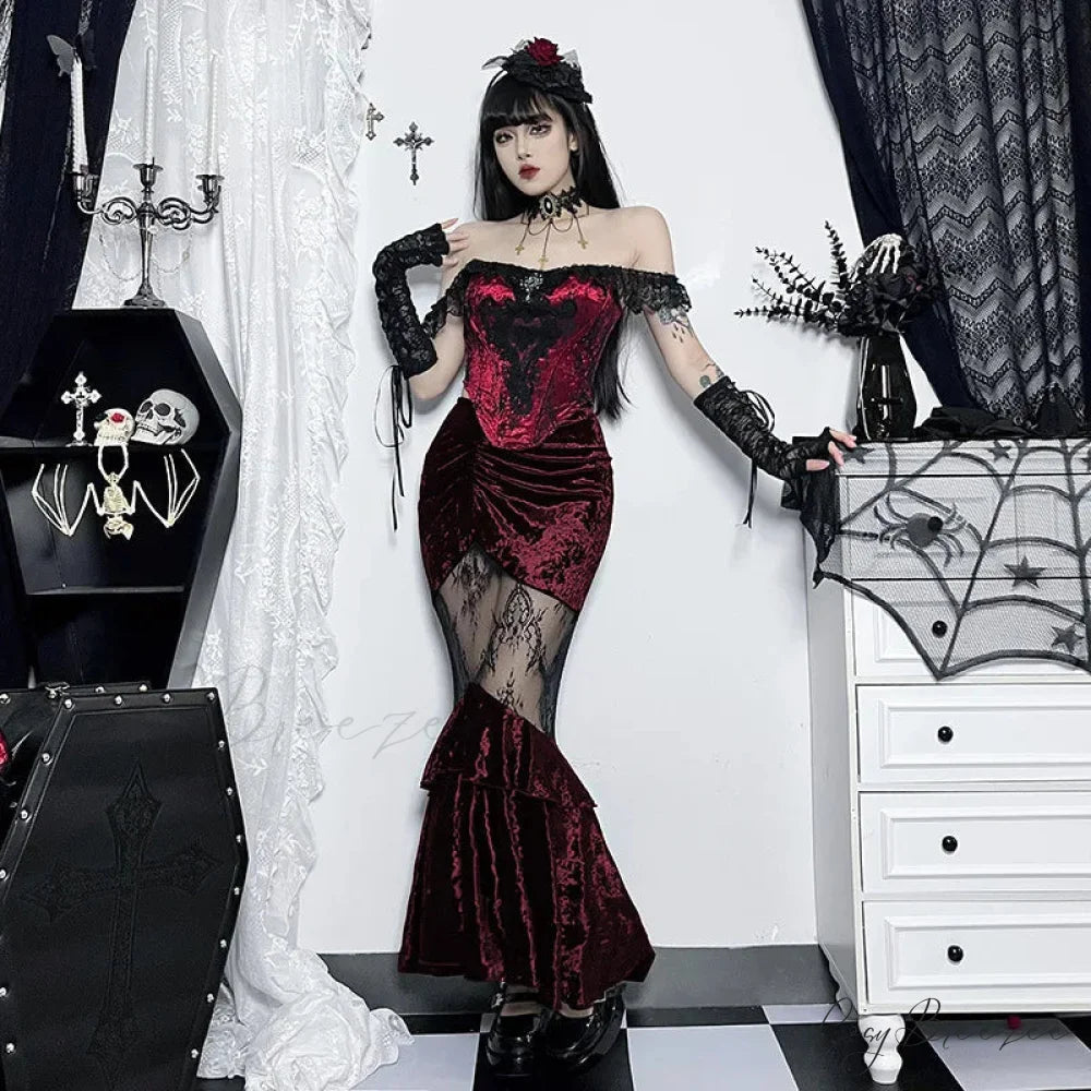 Black Fairy Grunge Women Gothic Velvet Lace Stitching Fall Sexy Fishtail Skirt BLACK / S