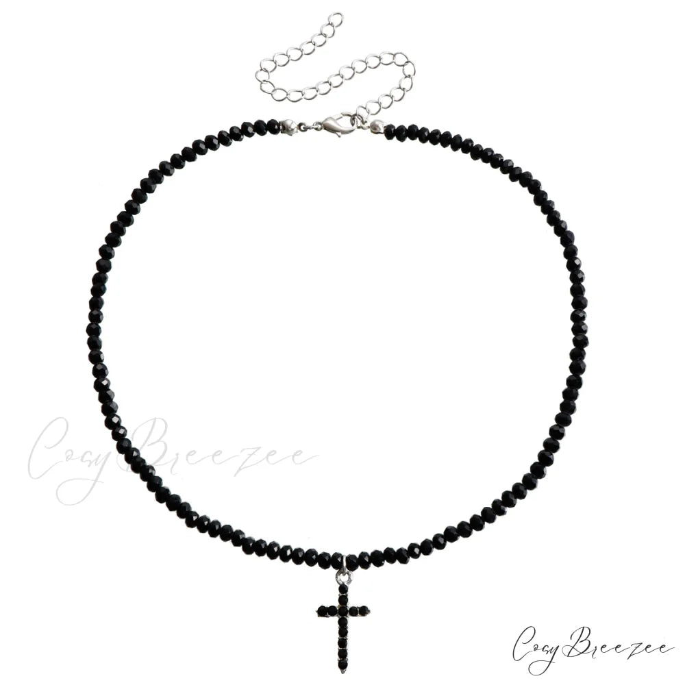 Black Faux Crystal Simple Cross Choker Necklace STEEL