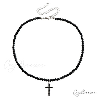 Black Faux Crystal Simple Cross Choker Necklace STEEL