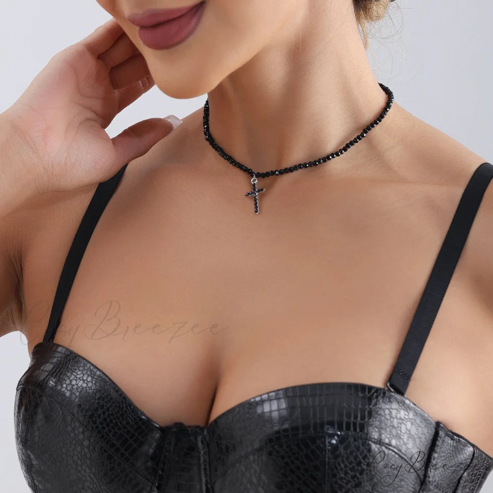 Black Faux Crystal Simple Cross Choker Necklace STEEL