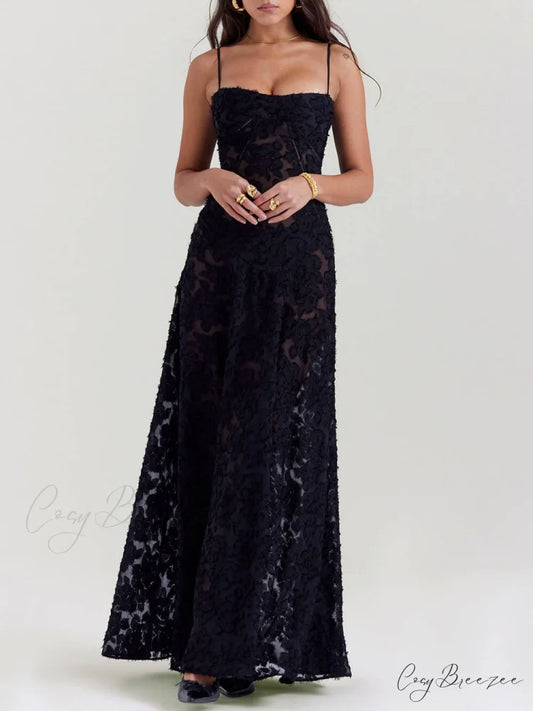 Black Floral Lace Charming Back Maxi Dress