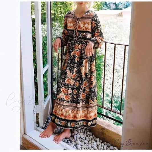 Black Floral Print Tie Neck Long Sleeve Rayon Maxi Dress Black / S bohodress-250126