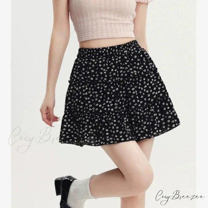 Black Floral Sweet Pleated Kawaii Patchwork Skirt