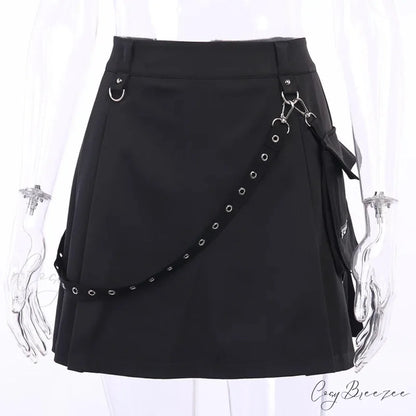 Black Functional Irregular Pleated A-line High Waist Tooling Waist Chain Gothic Harajuku Y2k Goth Skirt BLACK / S