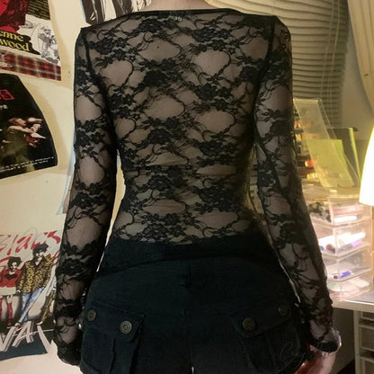 Black Gothic Lace Semi-see-through Long Sleeve Crop Knit Top knittop-250126