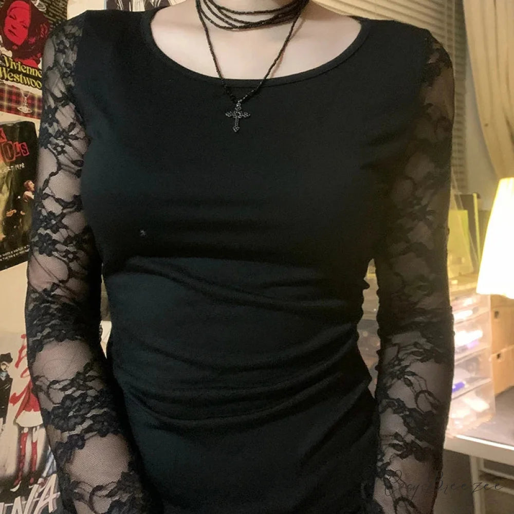 Black Gothic Lace Semi-see-through Long Sleeve Crop Knit Top knittop-250126