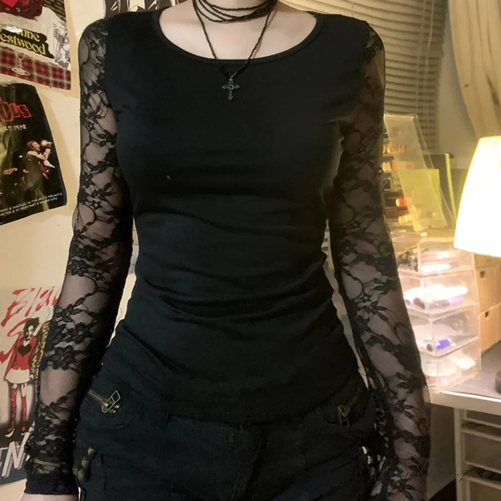 Black Gothic Lace Semi-see-through Long Sleeve Crop Knit Top Black / S knittop-250126