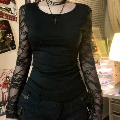 Black Gothic Lace Semi-see-through Long Sleeve Crop Knit Top Black / S knittop-250126