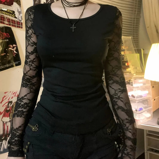Black Gothic Lace Semi-see-through Long Sleeve Crop Knit Top Black / S knittop-250126