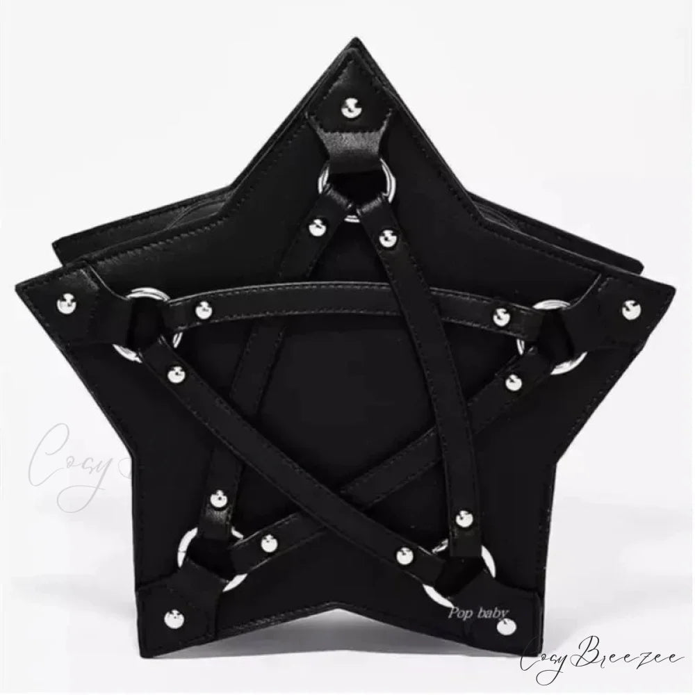 Black Gothic Pentagram Unisex Punk Designer Casual Retro Fashion Leather Bag BLACK