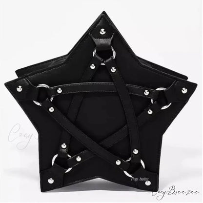 Black Gothic Pentagram Unisex Punk Designer Casual Retro Fashion Leather Bag BLACK