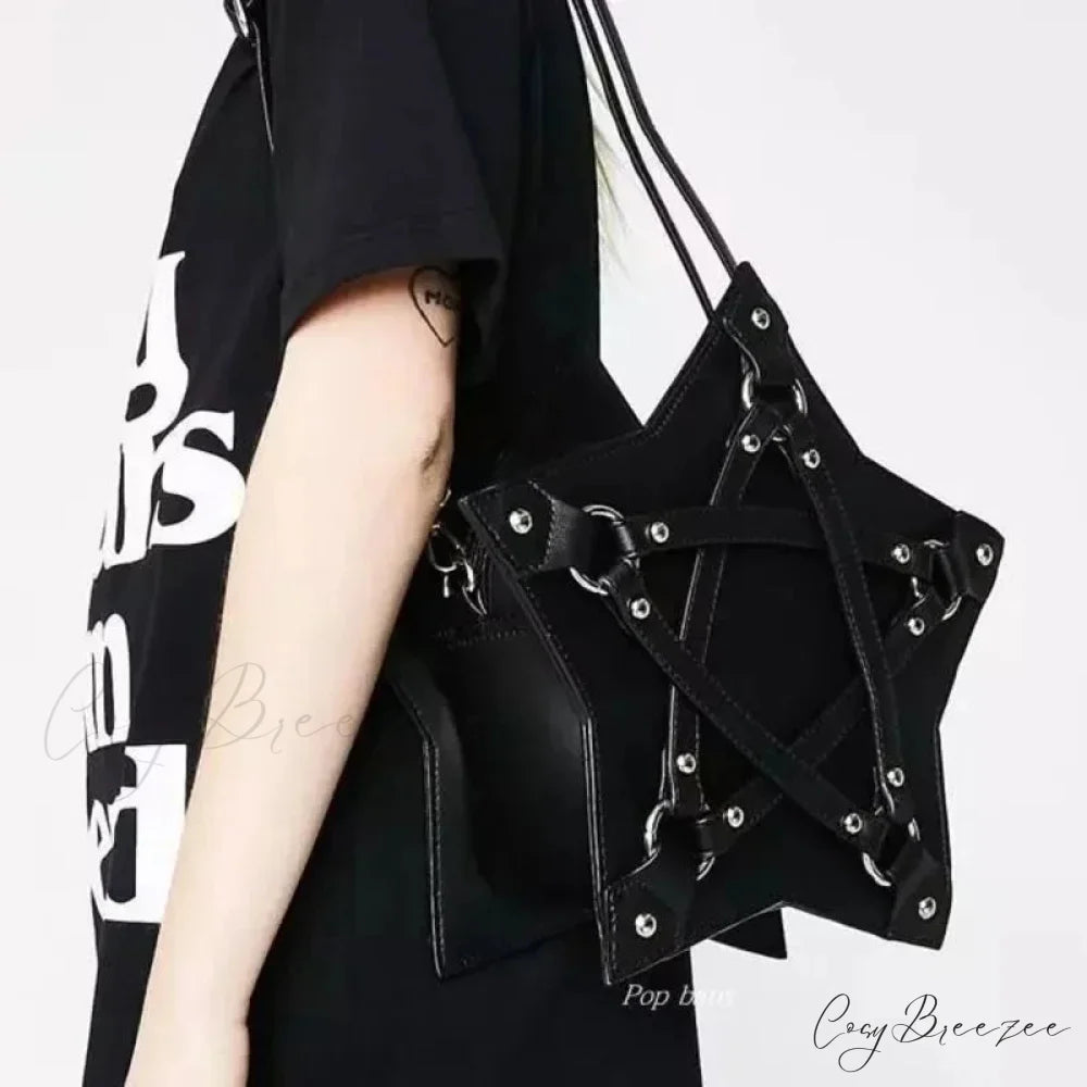 Black Gothic Pentagram Unisex Punk Designer Casual Retro Fashion Leather Bag BLACK
