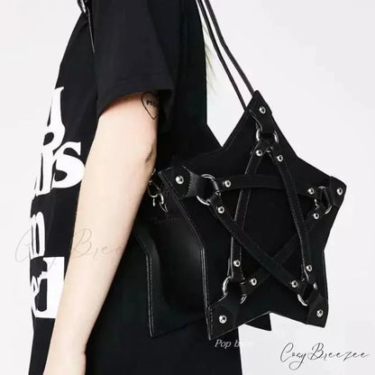Black Gothic Pentagram Unisex Punk Designer Casual Retro Fashion Leather Bag BLACK
