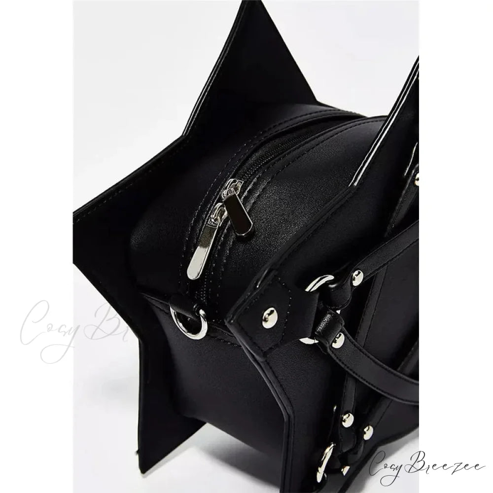 Black Gothic Pentagram Unisex Punk Designer Casual Retro Fashion Leather Bag BLACK