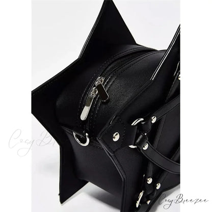 Black Gothic Pentagram Unisex Punk Designer Casual Retro Fashion Leather Bag BLACK