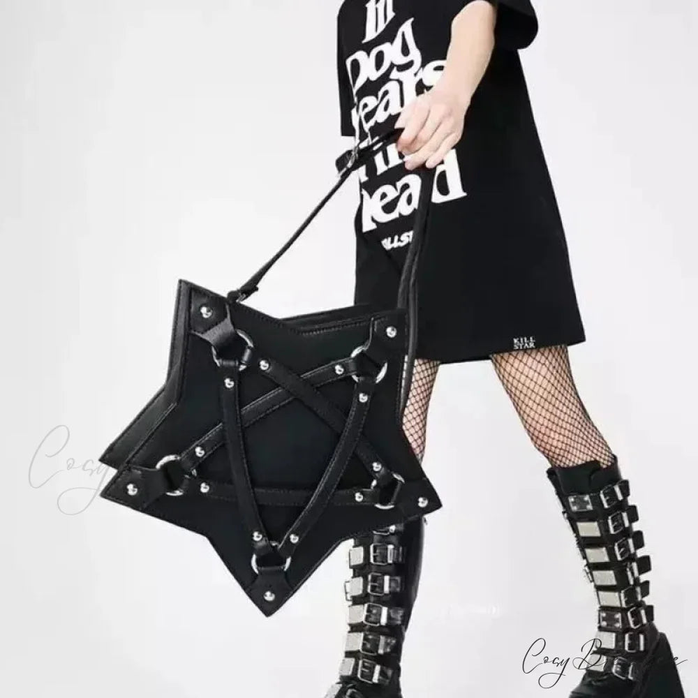 Black Gothic Pentagram Unisex Punk Designer Casual Retro Fashion Leather Bag BLACK