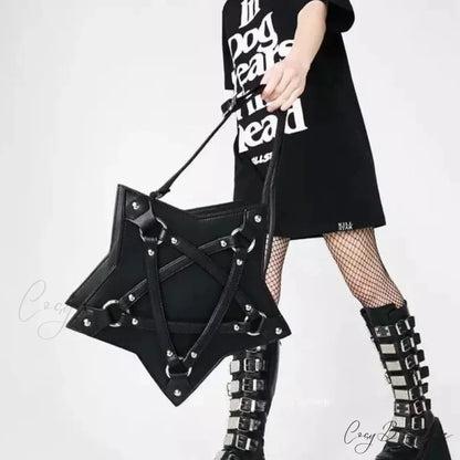 Black Gothic Pentagram Unisex Punk Designer Casual Retro Fashion Leather Bag BLACK