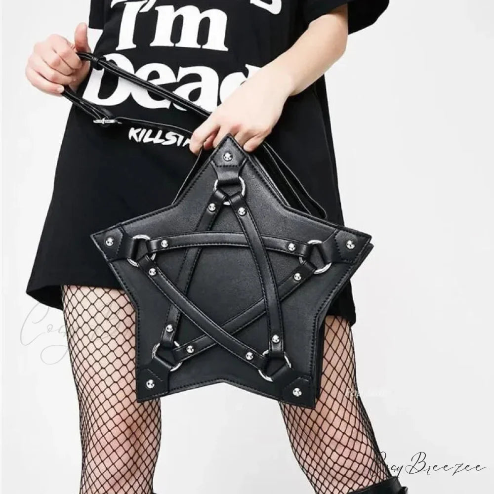 Black Gothic Pentagram Unisex Punk Designer Casual Retro Fashion Leather Bag BLACK