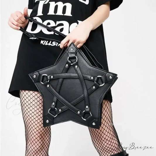 Black Gothic Pentagram Unisex Punk Designer Casual Retro Fashion Leather Bag BLACK
