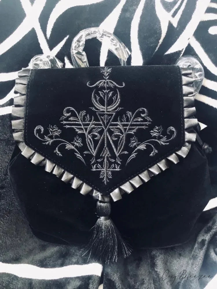 Black Gothic Velvet Witch Harajuku Magic Embroidery Dark Punk Rock Shoulder Bag Black