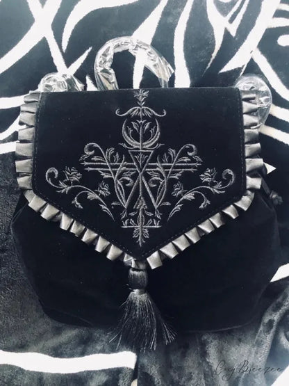 Black Gothic Velvet Witch Harajuku Magic Embroidery Dark Punk Rock Shoulder Bag Black