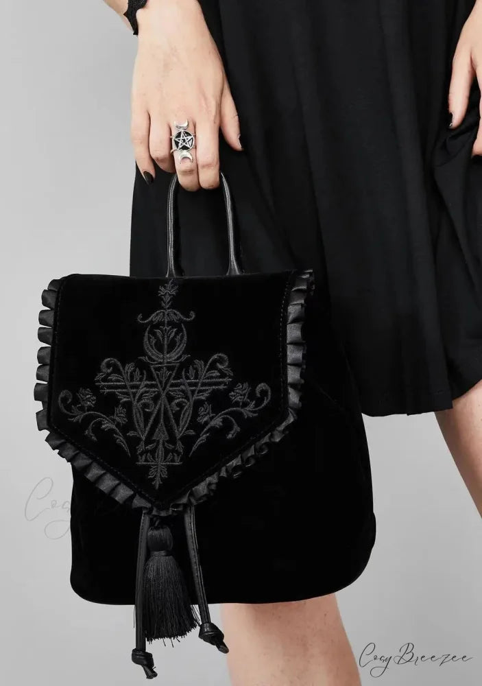 Black Gothic Velvet Witch Harajuku Magic Embroidery Dark Punk Rock Shoulder Bag Black