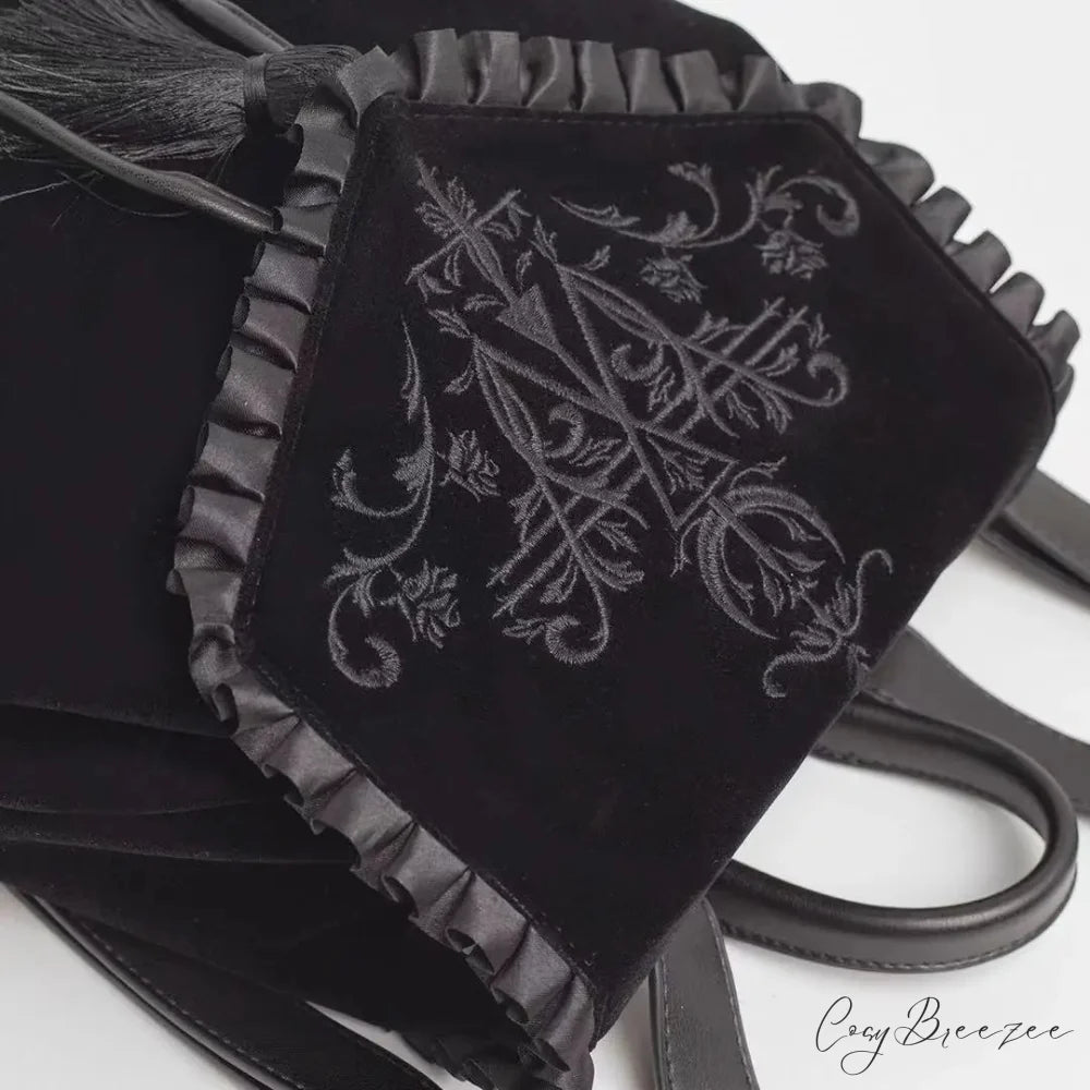Black Gothic Velvet Witch Harajuku Magic Embroidery Dark Punk Rock Shoulder Bag Black