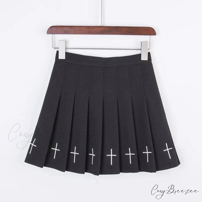 Black High Waist Pleated Vintage Gothic Streetwear Cross Print Skirt BLACK / S