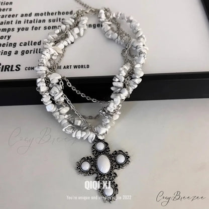 Black Irregular Stone Heavy Gothic Punk Layered Necklace WHITE