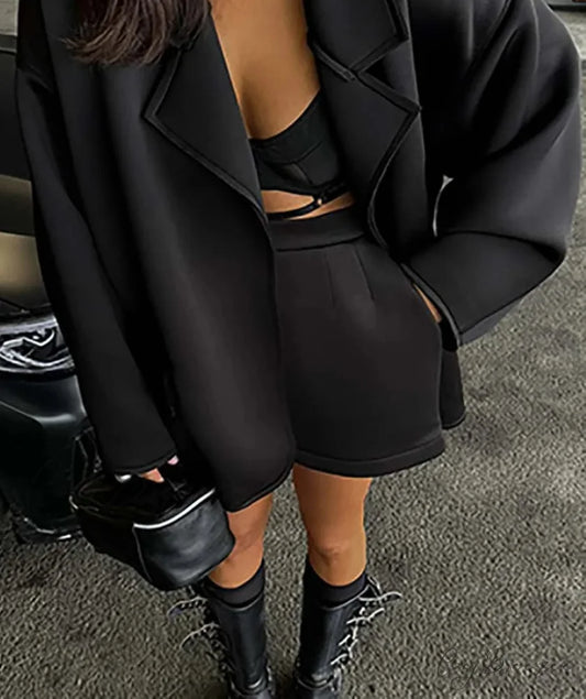 Black Knitting Loose Pockets Shorts Office Set Black / S officetwopieceset-250223