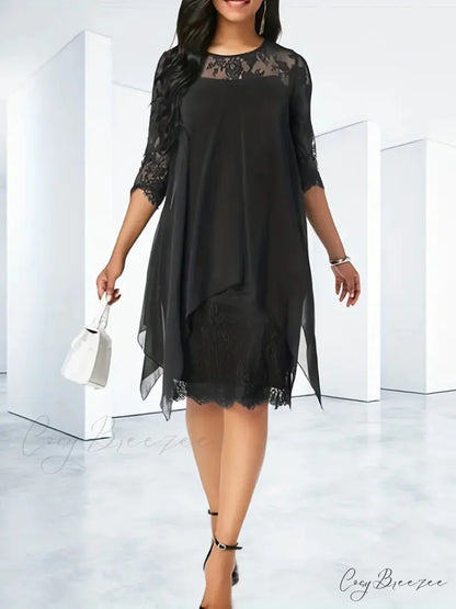 Black Lace Crew Neck Summer Dress with 3/4 Sleeves